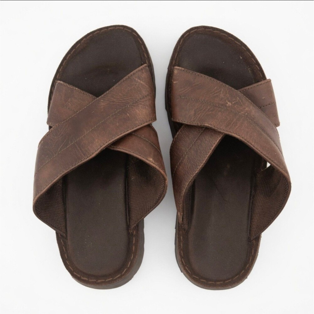 Women's AE Brown Leather Crisscross Strap Platform Slide Sandals Sz 9 Portugal